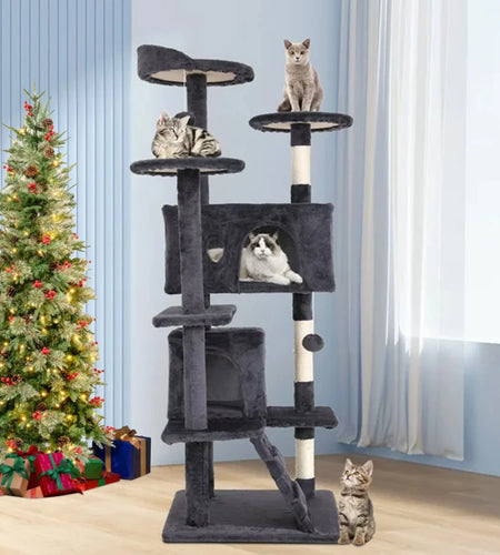54-In Double Condo Cat Tree Tower Playhouse with Scratching Post & Perch for Indoor, Navy Blue