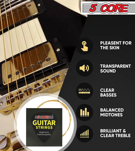 5Core Acoustic Guitar Strings 0.010-0.047 Steel Gauge Heavy Duty W Bright Tone for 6 String Guitars