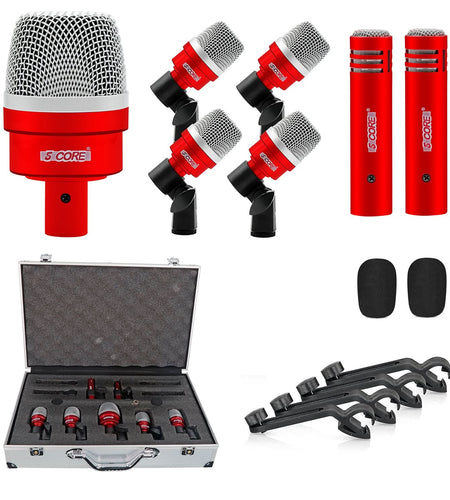 5Core Drum Mic Kit 7 Pcs Kick Basstom Snare Dynamic Microphone Instrument Mics Set Red