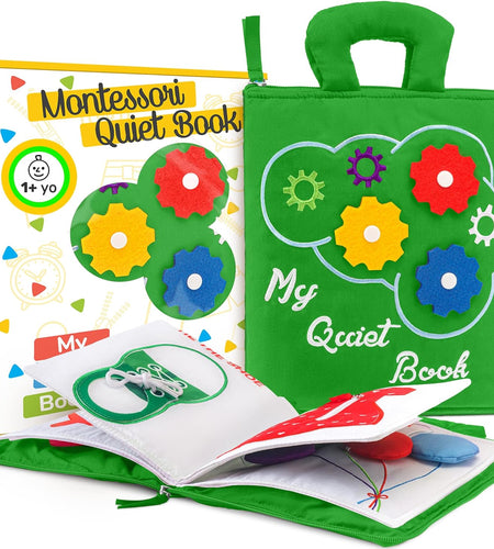 Quiet Book Montessori Toys for Toddlers – Learning Toy – Preschool Educational Toy with Toddler Activities Busy Book, Travel Toy for Boys & Girls + Zipper Bag, Green