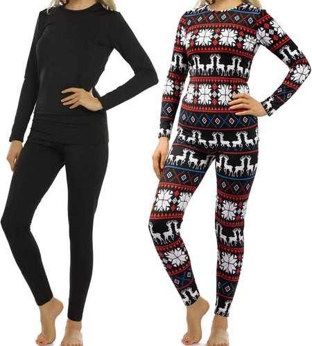 2 Sets Womens Thermal Underwear Set Long John Fleece Lined Top Bottom Base Layer