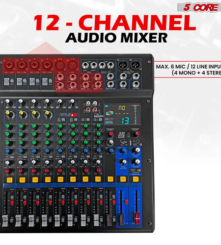 5Core Audio DJ Mixer 12 Channel Sound Board Console W 99 DSP Effect 48V Phantom Power