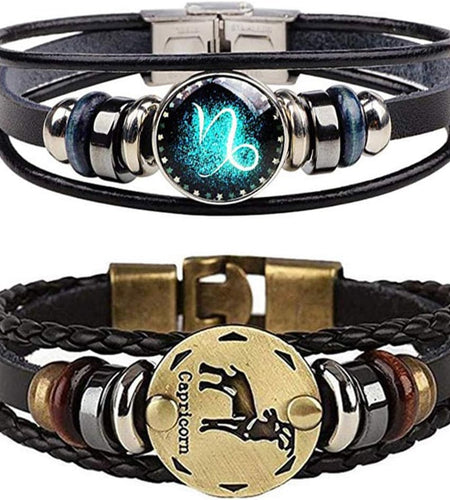 2Pcs Zodiac Gifts Bracelet for Women Men Christmas Gifts 12 Constellation Beaded Hand Woven Leather Bracelets Braided Punk Chain Cuff Men Gifts for Christmas