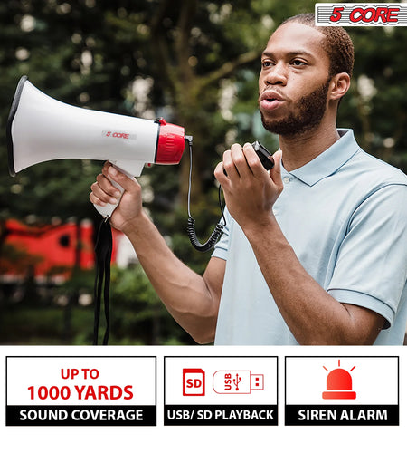 5Core Megaphone Bullhorn Speaker 40W Bull Horn Rechargeable Cheer Megafono 1000 Yards
