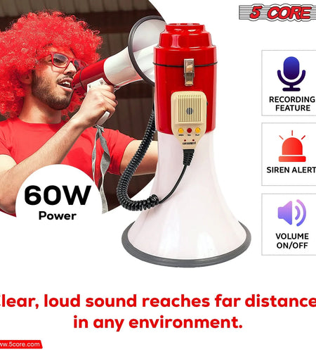 5Core Megaphone Bullhorn Speaker Pro 60W Bull Horn Non Rechargeable Cheer Megafono