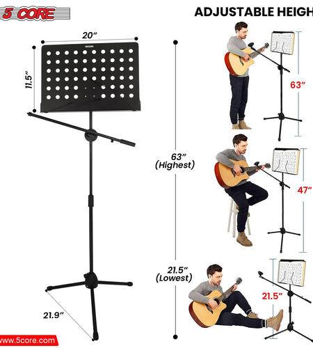 5Core Music Stand for Sheet Music Portablr Folding Tripod + Detachable Mic Holder