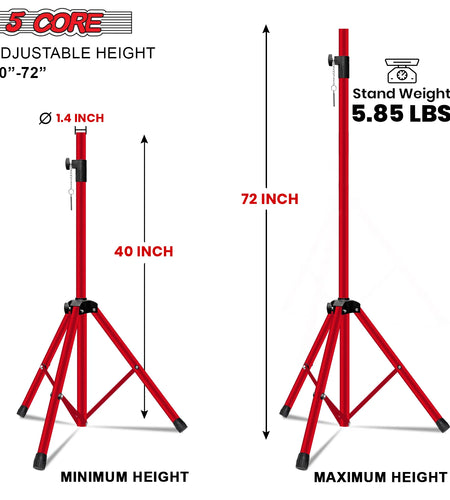5Core Speaker Stand Tripod Tall Adjustable 72 Inch DJ Pole Mount Studio Monitor Stands RED