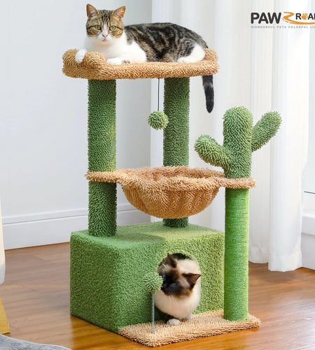 Cat Tree 33" Cute Flower Cat Scratching Posts Tower with Large Top Perch and Hammock for Medium Indoor Cats, Pink