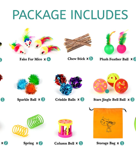 32 PCS Cat Toys Kitten Toys, Variety Catnip Toys with Rainbow Tunnel Interactive Cat Feather Teaser Spring Toy Set for Cat, Kitty