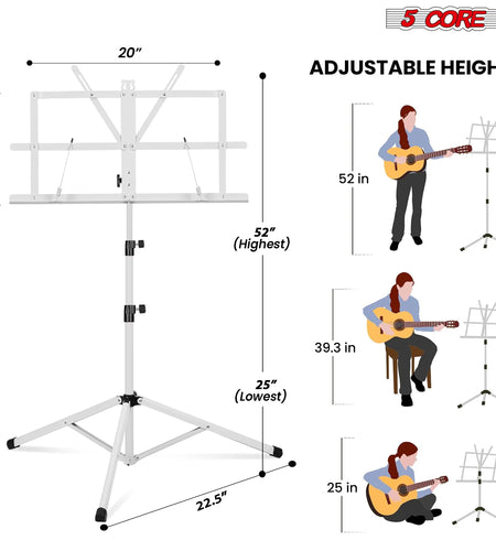 5Core Music Stand for Sheet Music Portable Tripod Adjustable Folding Note Holder WHITE
