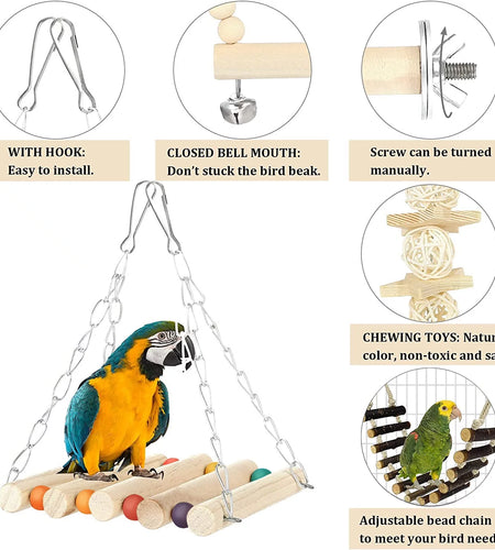 6 PCS Bird Toys Parakeet Toys, Colorful Parrot Toy for Small Parakeets Cockatiels Conures Finches Swing Chewing Hanging Bell Cage Hammock Toy