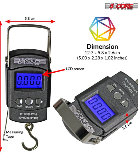 5Core Digital Fishing Scale 110Lb/50Kg Hanging Luggage Weighing Scales W Measuring Tape