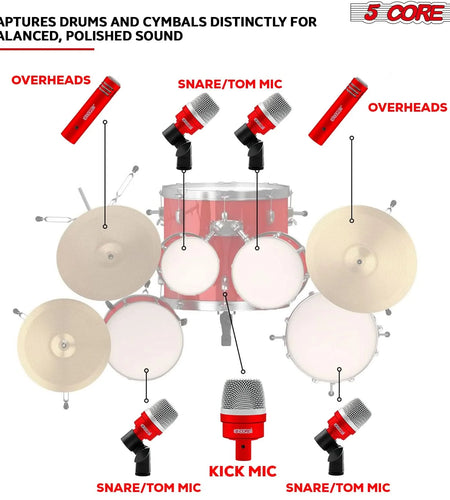 5Core Drum Mic Kit 7 Pcs Kick Basstom Snare Dynamic Microphone Instrument Mics Set Red