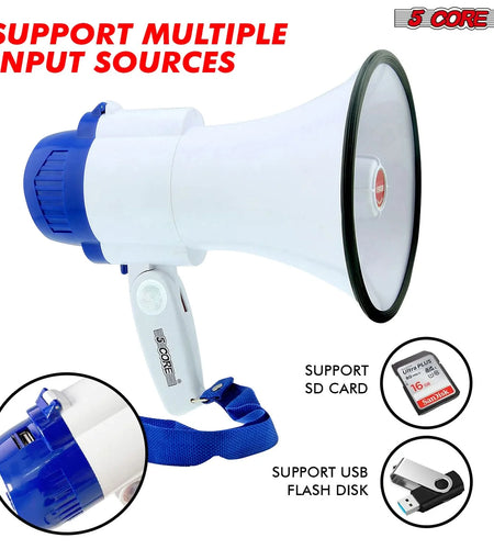 5Core Megaphone Bullhorn Speaker 30W Mini Bull Horn Battery Power Megafono 800 Feet
