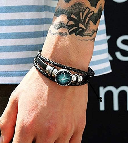 2Pcs Zodiac Gifts Bracelet for Women Men Christmas Gifts 12 Constellation Beaded Hand Woven Leather Bracelets Braided Punk Chain Cuff Men Gifts for Christmas