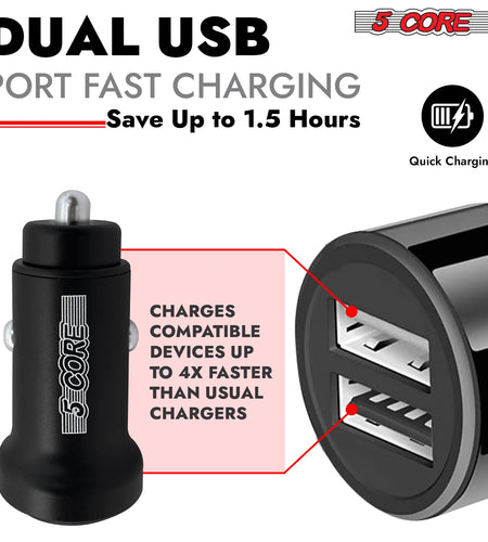5 Core USB Car Charger Cigarette Lighter Adapter Dual USB Port Adapter 12/24 V Fast Charging